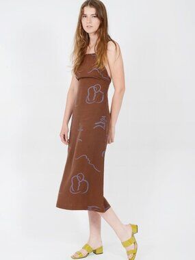 Paloma Wool Brown Midi Dress with Blue Abstract Line Print